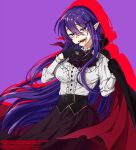  1girl :d bangs bat_hair_ornament black_cape black_gloves black_neckwear blood blood_stain breasts cape center_frills commentary_request cravat dated doki_doki_literature_club eyebrows_visible_through_hair fangs frilled_shirt_collar frills gloves hair_between_eyes hair_ornament hairclip halloween highres large_breasts long_hair long_sleeves looking_at_viewer nan_(gokurou) open_mouth pointy_ears purple_background purple_hair red_cape shirt simple_background skirt smile solo two-sided_cape two-sided_fabric vampire very_long_hair violet_eyes watermark white_shirt yuri_(doki_doki_literature_club) 