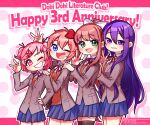  4girls :d ;d anniversary bangs black_legwear blue_eyes blue_sky bow brown_hair commentary_request copyright_name doki_doki_literature_club eyebrows_visible_through_hair fang green_eyes green_jacket grin hair_between_eyes hair_bow hair_ornament hair_ribbon hairclip hand_on_another&#039;s_shoulder hand_on_hip highres jacket long_hair long_sleeves looking_at_viewer monika_(doki_doki_literature_club) multiple_girls nan_(gokurou) one_eye_closed open_mouth parted_lips pink_eyes pink_hair pleated_skirt ponytail purple_hair red_bow red_ribbon ribbon school_uniform short_hair simple_background skirt sky smile thigh-highs two_side_up very_long_hair violet_eyes w watermark white_ribbon zettai_ryouiki 