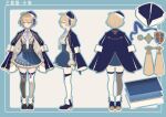  1girl absurdres ahoge black_legwear blonde_hair blue_coat blue_eyes blue_footwear blue_headwear blue_neckwear blue_ribbon blue_skirt boots breasts chain character_name character_sheet closed_mouth coat coat_on_shoulders collared_shirt commission dress_shirt hair_intakes hat high-waist_skirt highres jewelry kneepits layered_skirt long_sleeves medal medium_breasts mismatched_legwear nanami_nanai necktie pin ribbon shirt skirt smile suspender_skirt suspenders thigh-highs virtual_youtuber white_legwear white_shirt 