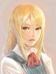  1girl ascot blonde_hair blue_vest bow_(bhp) collared_shirt green_eyes grey_background long_hair looking_at_viewer original parted_lips red_neckwear shirt solo vest white_shirt wing_collar 