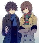  2boys akechi_gorou amamiya_ren black_eyes black_gloves black_hair blue_neckwear brown_hair coat crossed_arms eyebrows_visible_through_hair glasses gloves jacket male_focus messy_hair multiple_boys parted_lips persona persona_5 persona_5_the_royal plaid plaid_scarf red_eyes scarf school_uniform short_hair shuujin_academy_uniform simple_background winter_clothes winter_coat ye_(pixiv4862539) 