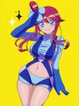  1girl bangs blue_eyes blue_shorts breasts cowboy_shot gloves gym_leader hair_ornament large_breasts looking_at_viewer midriff navel pink_hair pokemon pokemon_(game) pokemon_bw salute short_shorts shorts sidelocks skyla_(pokemon) smile solo sparkle standing thigh_gap thighs yellow_background 