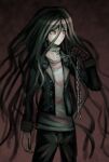  1boy black_hair chain collar cosplay dangan_ronpa expressionless eyes_visible_through_hair gloves hair_between_eyes holding holding_chain jacket kamukura_izuru komaeda_nagito komaeda_nagito_(cosplay) komatsuzaki_rui_(style) long_hair long_sleeves looking_away male_focus messy_hair open_clothes open_jacket oven_mitts red_background red_eyes shirt single_glove solo spoilers standing striped striped_shirt very_long_hair wamigakiko zettai_zetsubou_shoujo 