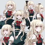  1girl :d alternate_hair_length alternate_hairstyle bangs belt black_bow blonde_hair blush bow bowtie bracelet braid breasts closed_eyes criis-chan dangan_ronpa dress from_side gem green_dress grey_background hair_bow jewelry long_hair looking_at_viewer medium_breasts multiple_views open_mouth own_hands_together ponytail puffy_short_sleeves puffy_sleeves red_bow red_neckwear short_hair short_sleeves simple_background smile sonia_nevermind super_dangan_ronpa_2 symbol_commentary tears twintails twitter_username v_arms white_belt 