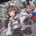  1girl 547th_sy ahoge bangs blurry blurry_background blush breasts brown_hair brown_skirt closed_eyes commentary_request dated detached_sleeves eyebrows_visible_through_hair frilled_skirt frills highres japanese_clothes kantai_collection kongou_(kantai_collection) long_hair long_sleeves motion_blur open_mouth ribbon-trimmed_sleeves ribbon_trim skirt solo tassel waving wide_sleeves 