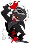  1boy absurdres amamiya_ren black_coat black_hair blood blood_on_face btmr_game calling_card coat copyright_name dagger gloves highres holding holding_weapon long_sleeves male_focus mask mask_on_head mouth_hold persona persona_5 persona_5_the_royal red_gloves sharp_teeth signature simple_background solo sparkle teeth upper_body weapon white_background yellow_eyes 