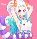  1girl aqua_hair armpits arms_behind_head arms_up breasts character_name commentary_request curled_horns earrings hair_ornament hair_stick highres hoop_earrings horns i! japanese_clothes jewelry kataginu long_hair looking_at_viewer medium_breasts multicolored_hair multicolored_horns one_piece pink_background ponytail red_horns rope shimenawa sideboob solo two-tone_hair upper_body vest white_hair white_vest yamato_(one_piece) 