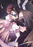  2girls absurdres akemi_homura akuma_homura black_hair couple eye_contact feathered_wings feathers goddess_madoka highres hug imminent_kiss kaname_madoka kokonosexxx long_hair looking_at_another mahou_shoujo_madoka_magica multiple_girls pink_hair short_twintails twintails very_long_hair wings yuri 