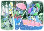  !? afloat blue_eyes blush closed_eyes closed_mouth commentary_request drizzile flying_sweatdrops gen_8_pokemon grass heart holding holding_umbrella holster inteleon musical_note open_mouth pokemon pokemon_(creature) salute smile sobble sparkle standing takigawageenito tongue tree umbrella water yellow_eyes 