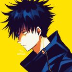  1boy bangs black_hair black_jacket closed_mouth commentary_request copyright_request hair_between_eyes high_collar highres jacket looking_at_viewer male_focus signature simple_background sofra solo twitter_username upper_body yellow_background 