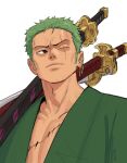  1boy chest_scar closed_mouth commentary earrings edpan english_commentary green_hair highres holding holding_sword holding_weapon jewelry katana male_focus multiple_swords one_eye_covered one_piece roronoa_zoro scar scar_across_eye short_hair simple_background solo sword upper_body weapon white_background 
