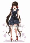  1girl alternate_costume arm_at_side bangs bare_arms blunt_bangs blush breasts brown_hair closed_mouth collarbone criis-chan dangan_ronpa dress frown full_body hair_ornament harukawa_maki holding holding_hair long_hair looking_at_viewer low_twintails mole new_dangan_ronpa_v3 pout print_dress red_eyes red_footwear red_scrunchie scrunchie shoes short_sleeves small_breasts sneakers solo space_print standing starry_sky_print symbol_commentary twintails very_long_hair white_footwear 