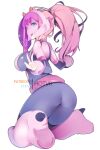 1girl alternate_breast_size aqua_eyes artist_name ass boku_no_hero_academia breasts closed_mouth clothing_cutout clothing_request commentary cosplay darling_in_the_franxx english_commentary english_text headgear horns hot_vr kneeling large_breasts long_hair looking_at_viewer patreon_username pink_hair pixiv_username ponytail red_horns simple_background solo tongue tongue_out two-tone_leotard uraraka_ochako v white_background zero_two_(darling_in_the_franxx) 