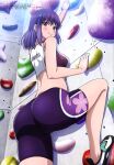  1girl absurdres ass bike_shorts blush breasts climbing climbing_wall eyebrows_visible_through_hair gym_uniform hair_ornament highres iwakakeru!_sport_climbing_girls kasahara_konomi looking_at_viewer looking_back looking_down medium_breasts official_art purple_hair purple_shorts shiny shiny_hair short_hair shorts smile solo sports_bra sweat taniguchi_motohiro violet_eyes 