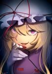  1girl blonde_hair blood bloody_hands boa_(brianoa) creepy_eyes evil_smile gloves hair_between_eyes hand_up hat hat_ribbon highres long_hair looking_at_viewer red_ribbon ribbon ringed_eyes smile solo tabard touhou twitter_username upper_body violet_eyes white_gloves white_headwear yakumo_yukari 