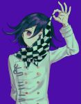  1boy arm_behind_back arm_up bangs checkered checkered_neckwear checkered_scarf closed_mouth dangan_ronpa hair_between_eyes highres long_sleeves male_focus neckwear_lift new_dangan_ronpa_v3 ouma_kokichi purple_background purple_hair renshu_usodayo scarf simple_background solo straitjacket violet_eyes 