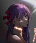  1girl absurdres bangs blood blood_on_face chain collar fate/grand_order fate_(series) from_side glowing hair_between_eyes hair_ribbon highres jenmin12 long_hair looking_at_viewer looking_to_the_side matou_sakura metal_collar purple_hair ribbon solo_focus violet_eyes 