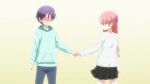  1boy 1girl blush couple hand_holding married pink_hair purple_hair tonikaku_kawaii 