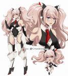  1girl alternate_costume animal_ears bangs bare_shoulders black_choker black_legwear black_leotard blush boots breasts cat_ears chibi choker clothing_request commentary covered_navel criis-chan cropped_torso dangan_ronpa dangan_ronpa_1 detached_sleeves enoshima_junko fake_animal_ears full_body hand_up headgear high_heel_boots high_heels leotard light_brown_hair long_hair looking_at_viewer medium_breasts multiple_views necktie open_mouth red_nails red_neckwear short_necktie shoulder_tattoo simple_background tagme tattoo thigh-highs thighs twintails twitter_username upper_teeth white_background white_neckwear 