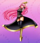  artist_name black_skirt blue_eyes boots cross-laced_footwear gold_footwear gold_trim knee_boots lace-up_boots long_hair long_skirt megurine_luka music_notes mythro pink_hair vocaloid wavy_hair 
