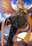  1girl absurdres black_footwear black_gloves black_legwear blonde_hair blue_eyes blue_sky boots closed_mouth clouds cloudy_sky commentary_request crossed_legs day fingerless_gloves fur_hat gloves guilty_gear guilty_gear_xrd hat highres knee_boots lips long_hair long_sleeves looking_at_viewer millia_rage outdoors pantyhose revision simple_background single_wing sitting skirt sky solo ushanka wings yoshio_(55level) 
