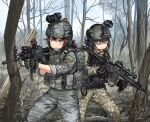  2girls aiming assault_rifle camouflage commentary_request gloves goggles goggles_on_headwear gun helmet holding holding_weapon kws laser_sight load_bearing_vest military military_operator multiple_girls original patch plate_carrier rifle sling south_korea south_korean_flag sunglasses trigger_discipline vertical_foregrip weapon weapon_request 