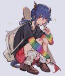  1girl alternate_costume arknights backpack bag bandaid bandaid_on_knee black_shirt blue_hair braid breasts brown_footwear candy casual ch&#039;en_(arknights) closed_mouth commentary dragon_horns dragon_tail food full_body green_nails grey_background highres horns knees_to_chest leg_hug lollipop looking_at_viewer medium_breasts medium_hair miniskirt nail_polish otammato rainbow red_eyes red_skirt shirt shoes side_braid simple_background sitting skateboard skirt socks solo sparkle symbol_commentary t-shirt tail thighs white_legwear 