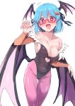  1girl absurdres aqua_hair bangs bat_wings black_leotard blush breasts bridal_gauntlets clothing_cutout cosplay eyebrows_visible_through_hair fang flying_sweatdrops hair_ornament hair_ribbon hamburger-chan_(nekoume) head_wings heart_cutout highres large_breasts leotard low_wings morrigan_aensland morrigan_aensland_(cosplay) nose_blush open_mouth original pantyhose pink_legwear red-framed_eyewear red_eyes ribbon short_hair simple_background solo sutora_binsuke sweat vampire_(game) white_background wings 