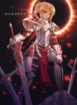  1girl absurdres armor bangs black_background blonde_hair body_armor character_name closed_mouth commentary eclipse eyebrows_visible_through_hair fate/grand_order fate_(series) green_eyes highres holding holding_sword holding_weapon knee_up long_hair looking_at_viewer mordred_(fate) mordred_(fate)_(all) neon_(hhs9444) parted_bangs ponytail rock shoulder_guard sidelocks solo sparks standing sword weapon 