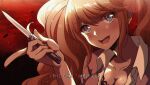  1girl :d bangs blue_eyes blush breasts collarbone commentary criis-chan dangan_ronpa dangan_ronpa_1 derivative_work enoshima_junko eyebrows_visible_through_hair face head_tilt holding holding_knife knife long_hair looking_at_viewer medium_breasts open_mouth red_nails screencap_redraw shirt smile solo twintails twitter_username upper_teeth white_shirt 