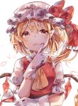  1girl arm_up ascot ayatsuki_sugure bangs bat_wings blonde_hair blood blood_on_face bow crystal cup dress drinking_glass flandre_scarlet gloves hair_between_eyes hat hat_ribbon highres holding long_hair looking_at_viewer mob_cap petals pointy_ears puffy_sleeves red_bow red_dress red_eyes ribbon side_ponytail simple_background slit_pupils solo stained_clothes tongue tongue_out touhou upper_body white_background white_gloves wine_glass wings yellow_neckwear 