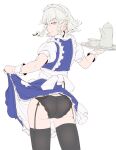  1girl apron ass black_legwear black_panties blue_dress bow braid cup dress frilled_apron frilled_skirt frills garter_belt hair_bow hi_you_(flying_bear) highres izayoi_sakuya lace lace-trimmed_panties lace_trim lifted_by_self looking_at_viewer maid maid_apron maid_headdress medium_hair panties puffy_short_sleeves puffy_sleeves short_hair short_sleeves silver_hair skirt skirt_hold skirt_lift smile solo tea_set teacup teapot thigh-highs touhou tray twin_braids underwear violet_eyes 