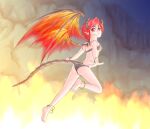  1girl 342_(artist) anklet barefoot bikini black_bikini bracelet breasts dragon_girl dragon_horns dragon_tail dragon_wings fire full_body horns jewelry looking_back midair original outdoors pointy_ears red_eyes redhead small_breasts solo swimsuit tail wings 