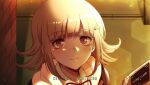  1girl bangs blush brown_jacket commentary criis-chan dangan_ronpa dangan_ronpa_3 derivative_work eyebrows_visible_through_hair face flipped_hair hair_ornament hairclip handheld_game_console holding holding_handheld_game_console jacket looking_at_viewer medium_hair nanami_chiaki neck_ribbon nintendo pink_eyes red_ribbon ribbon screencap_redraw smile solo stone_wall wall 