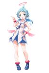  1girl :o aqua_eyes blue_hair detached_wings ekoro_(galgun) full_body gal_gun_(series) gal_gun_returns hair_ornament hairclip halo highres index_finger_raised long_hair low_wings masanori_ito official_art open_mouth pink_wings simple_background skirt sleeveless solo standing twintails v-shaped_eyebrows white_background wings 