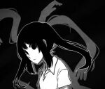  1girl black_background black_eyes black_hair commentary english_commentary long_hair looking_at_viewer monoko no_pupils outline shirt short_sleeves simple_background solo speckticuls twintails white_outline white_shirt white_skin wing_collar yume_nikki 