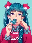  1girl absurdres anastasia_gordieieva aqua_hair artist_name blue_background bow christmas cookie earrings eating food hand_up highres jewelry long_sleeves looking_at_viewer mole mole_above_mouth original red_bow red_eyes stud_earrings sweater twintails upper_body 