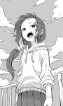  1girl absurdres clouds cloudy_sky day drawstring floating_hair greyscale highres hood hood_down hoodie long_hair looking_at_viewer low_ponytail monochrome open_mouth original outdoors pleated_skirt ponytail railing skirt sky solo standing very_long_hair wind wind_lift yamamoto_souichirou 