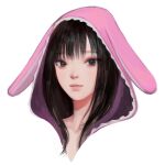  1girl animal_hood black_eyes black_hair closed_mouth commentary dead_by_daylight english_commentary feng_min highres hood hood_up hoodie long_hair looking_at_viewer oyabuli pink_hoodie portrait simple_background smile solo white_background 