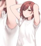  1girl armpits arms_behind_head arms_up bangs breasts brown_eyes brown_hair eyebrows_visible_through_hair hair_ornament hairclip highres higuchi_madoka idolmaster idolmaster_shiny_colors looking_at_viewer medium_breasts medium_hair mole mole_under_eye multiple_views redhead shirt short_sleeves sunaba_suzume sweat upper_body white_background white_shirt 