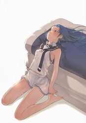  1girl absurdres bangs bare_legs bare_shoulders barefoot blue_eyes blue_hair blush branch_(blackrabbits) futon gradient_hair highres huge_filesize kantai_collection long_hair looking_up multicolored_hair open_mouth sailor_collar samidare_(kantai_collection) scan shirt sitting skirt sleeveless sleeveless_shirt solo swept_bangs very_long_hair wariza white_serafuku white_skirt 