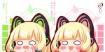  2girls :d absurdres animal_ears bangs blonde_hair blue_archive blush_stickers bow cat_ear_headphones chestnut_mouth chibi eyebrows_visible_through_hair fake_animal_ears green_bow hair_bow hand_up headphones highres kurukurumagical midori_(blue_archive) momoi_(blue_archive) multiple_girls open_mouth red_bow sidelocks smile sweat teardrop translation_request twintails v-shaped_eyebrows wavy_mouth white_background 