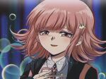  1990s_(style) 1girl backpack bag bangs black_jacket black_shirt blush brown_hair close-up collared_shirt commentary criis-chan dangan_ronpa dress_shirt eyebrows_visible_through_hair face hair_ornament hairclip hand_on_own_chest hand_up jacket long_sleeves medium_hair nanami_chiaki neck_ribbon open_clothes open_jacket open_mouth pink_ribbon ribbon shirt smile spoilers subtitled super_dangan_ronpa_2 twitter_username upper_teeth 