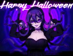  1girl bangs breasts collarbone commentary_request dated doki_doki_literature_club fangs hair_between_eyes hair_ornament hairclip halloween hands_up happy_halloween highres juliet_sleeves large_breasts letterboxed lipstick long_hair long_sleeves looking_at_viewer makeup nan_(gokurou) puffy_sleeves purple_hair purple_lipstick slit_pupils snake_hair solo upper_body violet_eyes watermark yuri_(doki_doki_literature_club) 