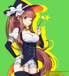  1girl ;) bangs bare_shoulders black_gloves blunt_bangs breasts bridal_gauntlets brown_hair choker commentary_request cowboy_shot dated doki_doki_literature_club earrings elbow_gloves eyebrows_visible_through_hair frilled_choker frills gloves green_background green_eyes halloween hand_on_hip hat highres jewelry large_breasts long_hair looking_at_viewer monika_(doki_doki_literature_club) nan_(gokurou) o-ring one_eye_closed ponytail short_shorts short_sleeves shorts simple_background smile solo thigh-highs very_long_hair wand watermark witch_hat 