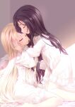  2girls 54hao bangs barefoot bed_sheet black_hair blonde_hair closed_eyes closed_mouth commentary dress eyebrows_visible_through_hair frilled_dress frills highres kneeling long_hair long_sleeves multiple_girls original parted_lips pillow profile siblings sisters sitting smile twins very_long_hair wariza white_dress yuri 