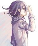  1boy bangs black_hair checkered checkered_neckwear checkered_scarf closed_mouth dangan_ronpa from_side hair_between_eyes long_sleeves male_focus new_dangan_ronpa_v3 ouma_kokichi profile renshu_usodayo scarf shading_eyes simple_background solo straitjacket upper_body violet_eyes 