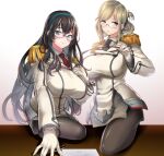  2girls absurdres bangs black_hair black_legwear black_neckwear black_skirt blue_eyes blue_hairband breasts collared_shirt commentary_request cosplay double-breasted effort_star epaulettes folded_ponytail glasses gloves green_eyes hairband highres holding holding_pointer huge_breasts kantai_collection katori_(kantai_collection) katori_(kantai_collection)_(cosplay) light_brown_hair long_hair long_sleeves military military_uniform multiple_girls necktie ooyodo_(kantai_collection) pantyhose paper parted_bangs pen pencil_skirt pointer red_neckwear rimless_eyewear shirt skirt smile uniform white_gloves 