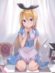  1girl ace_of_spades alice_(wonderland) alice_in_wonderland animal apron bangs black_headwear black_ribbon blonde_hair blue_dress blue_eyes blush card checkered checkered_floor closed_mouth commentary_request crown curtains dress drink_me eyebrows_visible_through_hair frilled_apron frilled_sleeves frills hair_between_eyes hair_ribbon hand_to_own_mouth hand_up hat highres long_hair looking_at_viewer newey playing_card rabbit ribbon see-through short_sleeves sitting smile solo spade_(shape) top_hat transparent very_long_hair waist_apron wariza white_apron window 