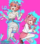  2girls :d animal_ear_fluff animal_ears bandages bangs blue_eyes breasts cat_ears cat_girl cat_tail claw_pose commentary_request dated doki_doki_literature_club eyebrows_visible_through_hair fangs fingernails full_body hair_between_eyes hair_ornament hairclip halloween highres kemonomimi_mode long_sleeves medium_breasts multiple_girls mummy naked_bandage nan_(gokurou) natsuki_(doki_doki_literature_club) no_feet open_mouth paw_pose pink_background pink_eyes pink_hair pink_serafuku pink_skirt pleated_skirt ribs sayori_(doki_doki_literature_club) sharp_fingernails short_hair simple_background skeleton skirt smile spine swept_bangs tail thigh-highs two_side_up white_legwear 